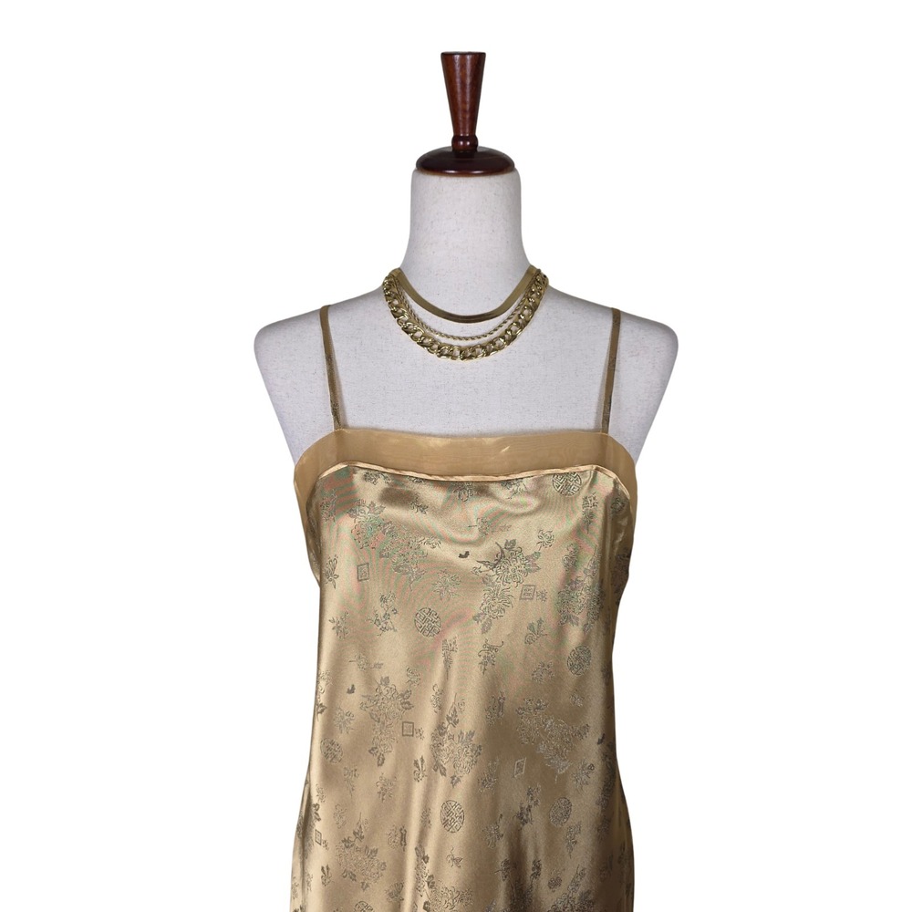 Vintage Y2K Slip Dress SZ M/L Gold Satin Asian Prom Fairy Floral Jacquard Whismy - Picture 8 of 16